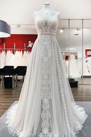 Vestidos de novia largos de tul con encaje y espalda abierta