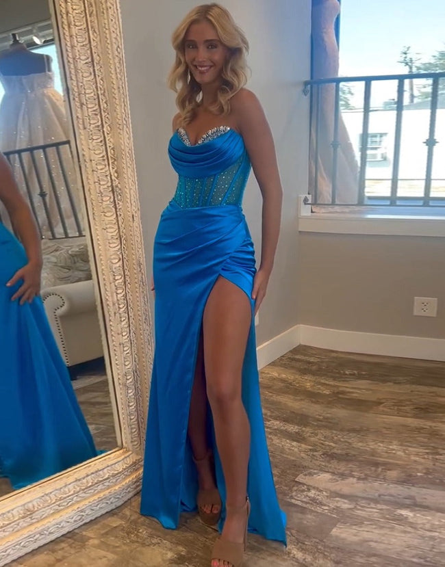 Siva | Royal Blue Strapless Satin Mermaid Prom Dress With Beading Main Image