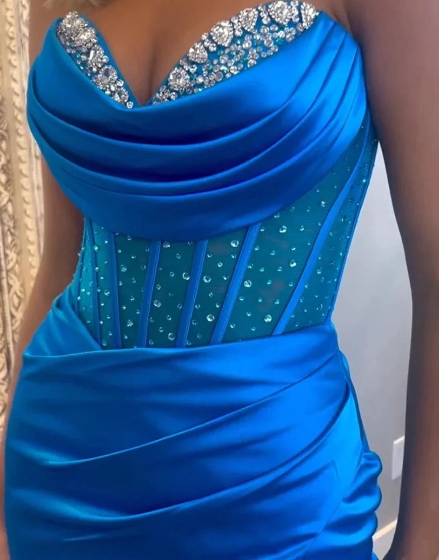 Siva | Royal Blue Strapless Satin Mermaid Prom Dress With Beading by KissProm