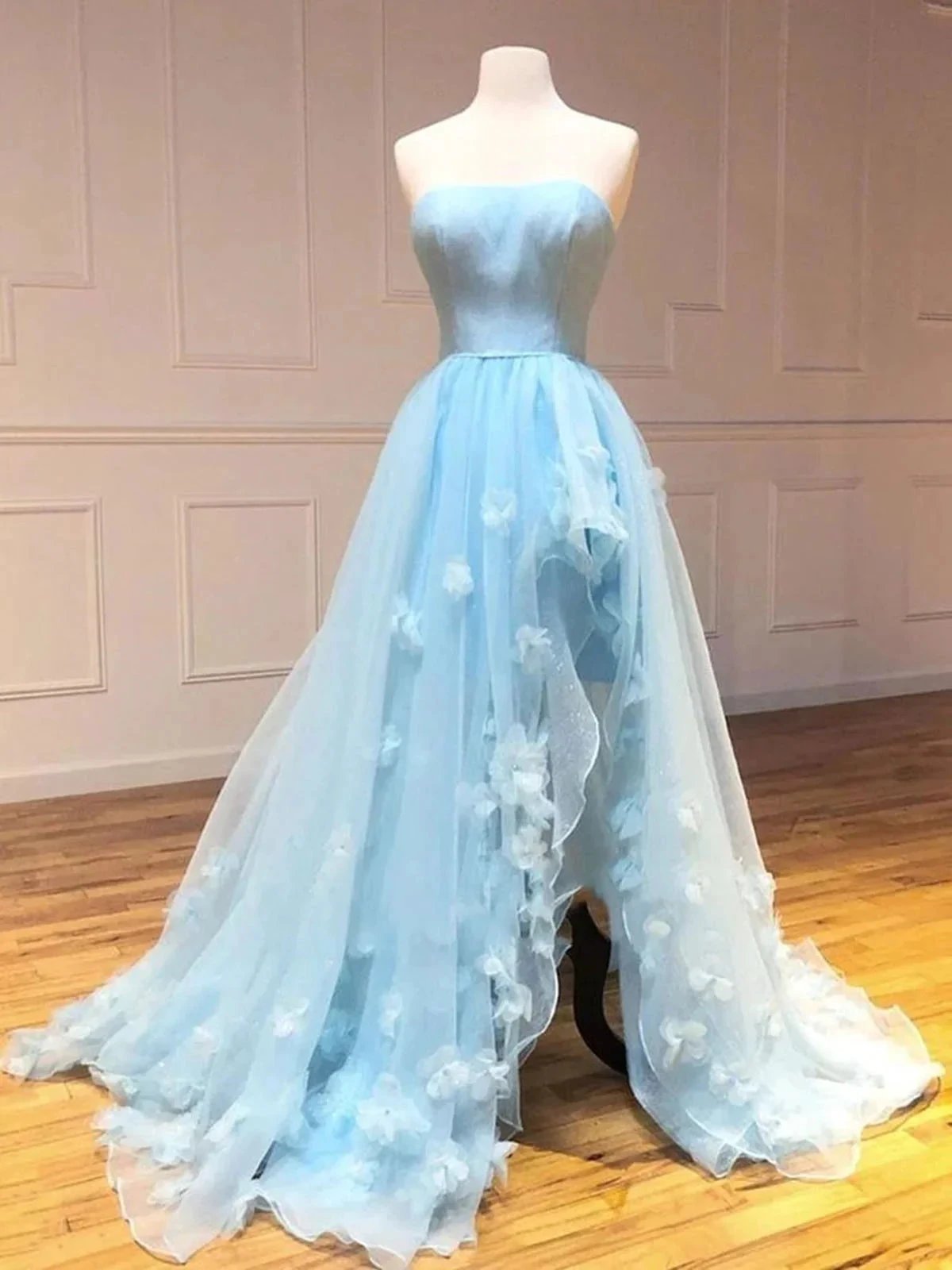 Sky Blue High Low A-line Strapless Tulle Lace Formal Prom Dresses with Slit by BIZTUNNEL
