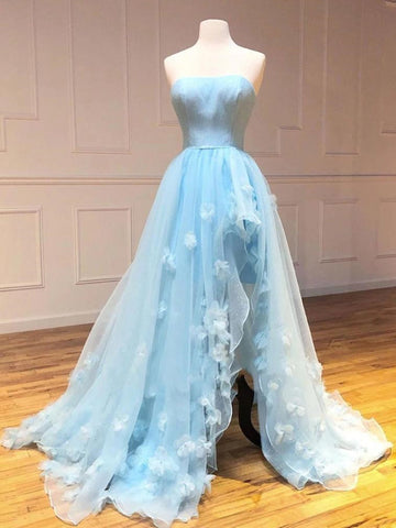 Vestidos de fiesta formales de tul con encaje, sin tirantes, corte A, color azul cielo, con abertura