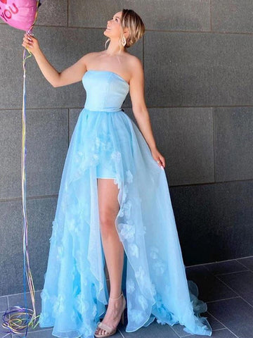 Vestidos de fiesta formales de tul con encaje, sin tirantes, corte A, color azul cielo, con abertura