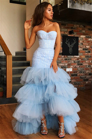 Sky Blue High Low Strapless Tulle Mermaid Prom Dress