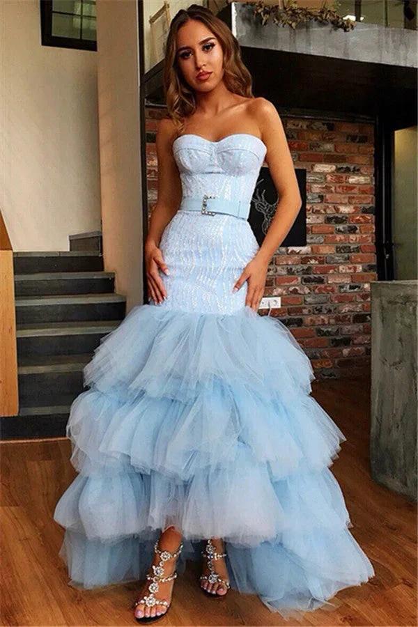 Sky Blue High Low Strapless Tulle Mermaid Prom Dress by BIZTUNNEL