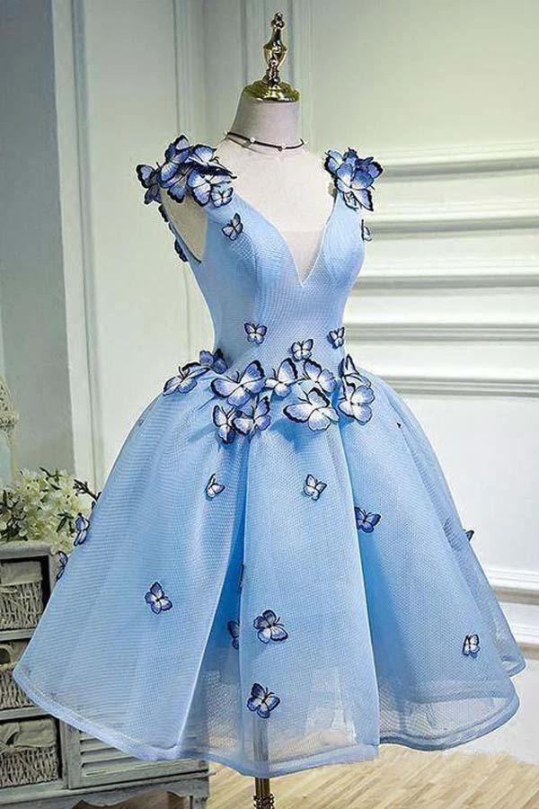 Sky Blue Homecoming Dresses Butterfly Applique Short Prom Dress PD282 by pgmdress