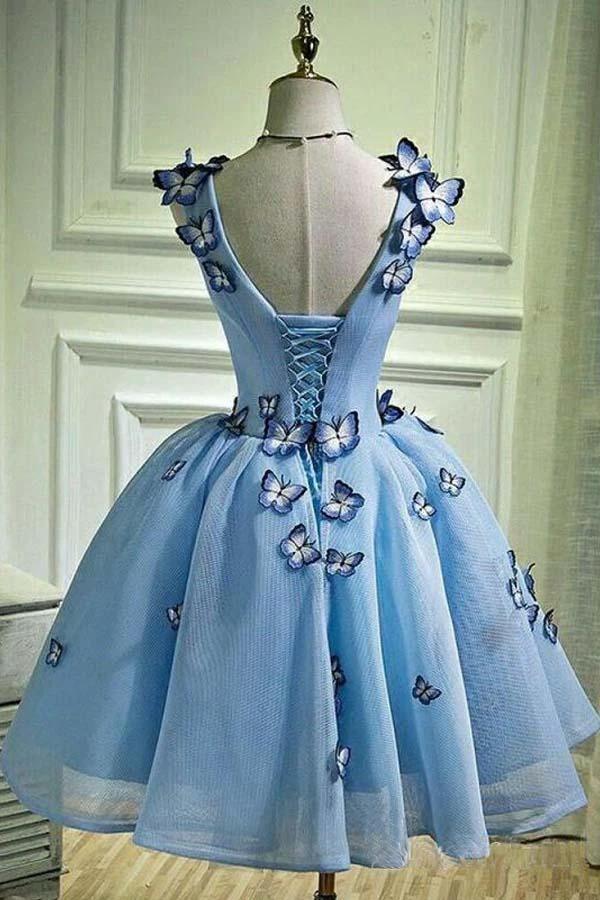 Sky Blue Homecoming Dresses Butterfly Applique Short Prom Dress PD282 by pgmdress
