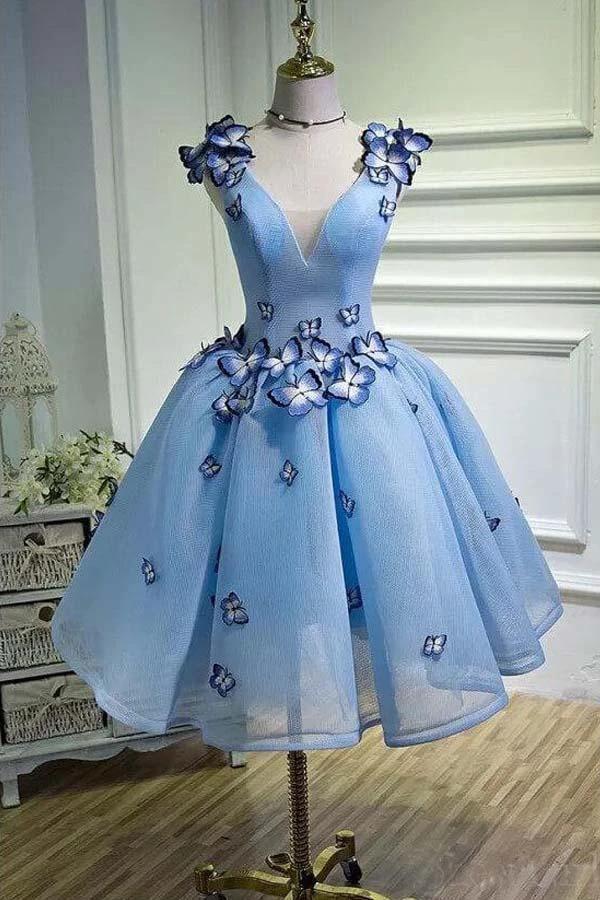 Sky Blue Homecoming Dresses Butterfly Applique Short Prom Dress PD282 by pgmdress