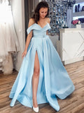 Sky Blue Long A-line Off the Shoulder Satin Formal Graduation Prom Dresses with Slit by BIZTUNNEL