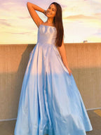 Sky Blue Long A-line Satin Formal Graduation Prom Dresses with Pockets by BIZTUNNEL