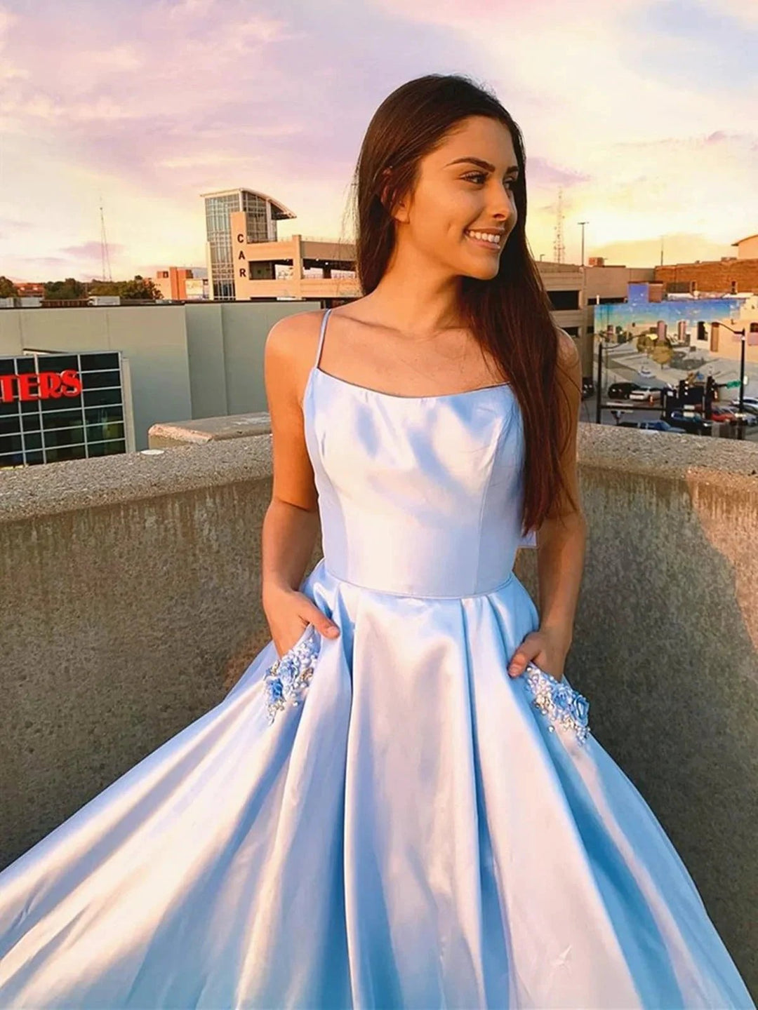 Sky Blue Long A-line Satin Formal Graduation Prom Dresses with Pockets by BIZTUNNEL