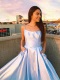 Sky Blue Long A-line Satin Formal Graduation Prom Dresses with Pockets by BIZTUNNEL