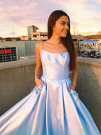 Sky Blue Long A-line Satin Formal Graduation Prom Dresses with Pockets by BIZTUNNEL