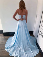 Sky Blue Long A-line Scoop Neck Lace Satin Formal Prom Dresses with Slit by BIZTUNNEL