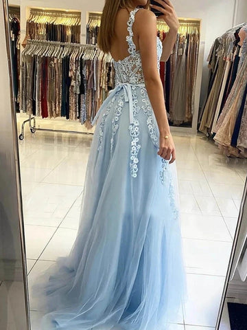 Vestidos de graduación de tul con encaje floral, espalda descubierta y tirantes finos en azul cielo