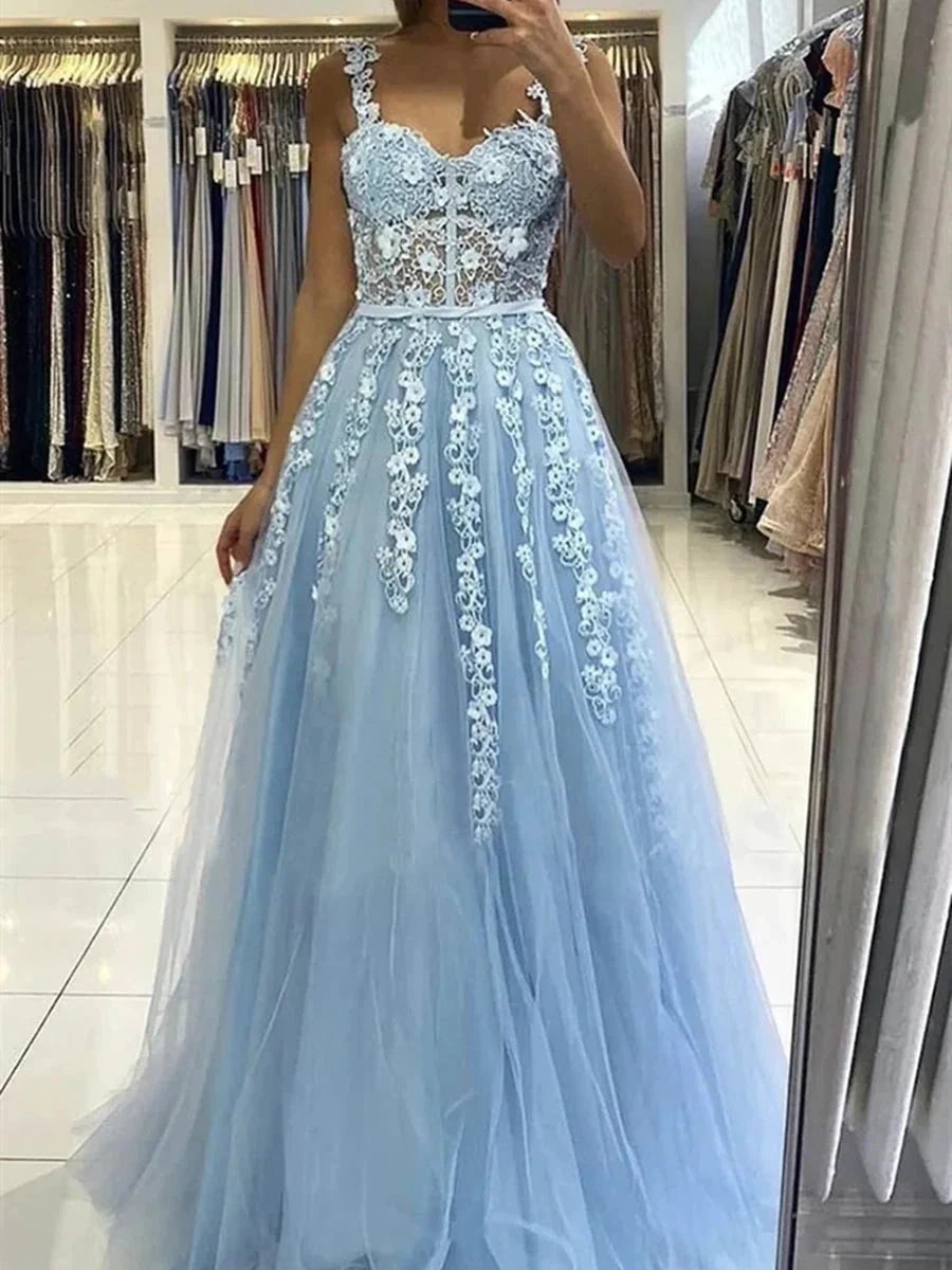 Sky Blue Long A-line Straps Tulle Lace Floral Backless Prom Graduation Dresses by BIZTUNNEL