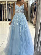 Sky Blue Long A-line Straps Tulle Lace Floral Backless Prom Graduation Dresses by BIZTUNNEL