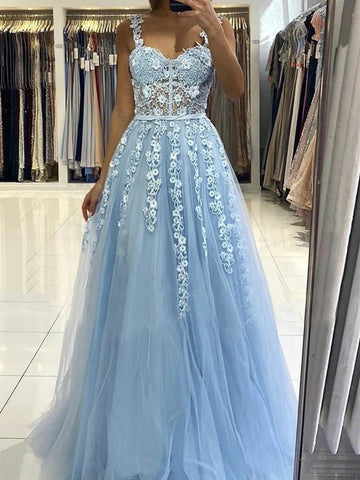 Vestidos de graduación de tul con encaje floral, espalda descubierta y tirantes finos en azul cielo