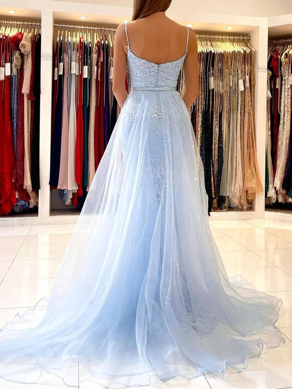 Sky Blue Long Mermaid Spaghetti Straps Tulle Lace Formal Prom Dresses by BIZTUNNEL