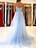 Sky Blue Long Mermaid Spaghetti Straps Tulle Lace Formal Prom Dresses by BIZTUNNEL