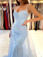 Sky Blue Long Mermaid Spaghetti Straps Tulle Lace Formal Prom Dresses by BIZTUNNEL