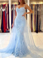 Sky Blue Long Mermaid Spaghetti Straps Tulle Lace Formal Prom Dresses by BIZTUNNEL