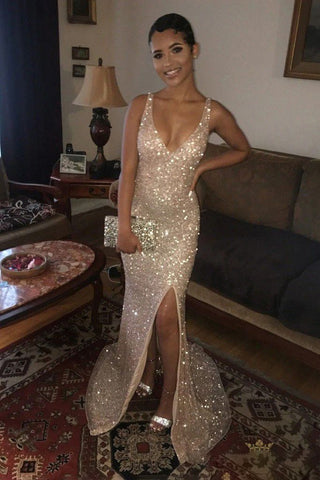 Sleek Glitter Long Mermaid V-neck Sequined Prom Dress with Slit