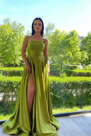 Sleek Green Sleeveless Ruffles Front-Split A-line Prom Dresses
