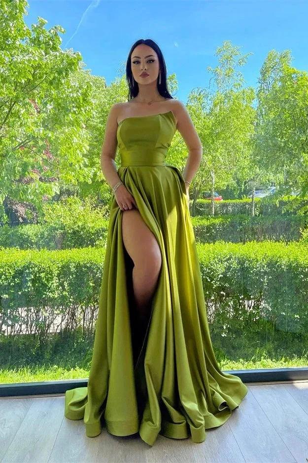 Sleek Green Sleeveless Ruffles Front-Split A-line Prom Dresses by misshow.com