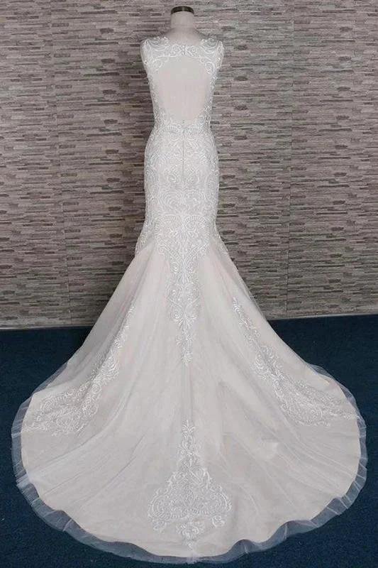 Sleek Square Neck Appliques Pretty Mermaid Elegant Wedding Dresses by misshow.com