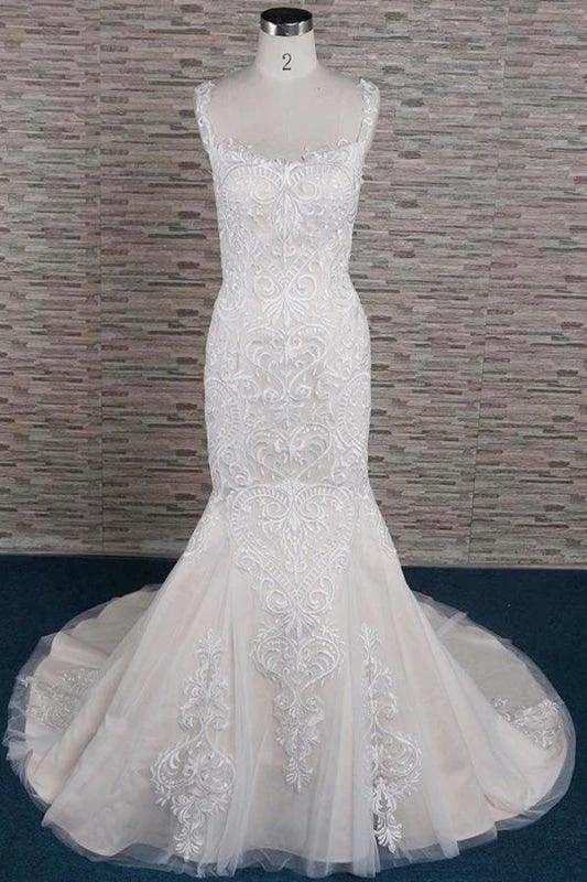 Sleek Square Neck Appliques Pretty Mermaid Elegant Wedding Dresses by misshow.com