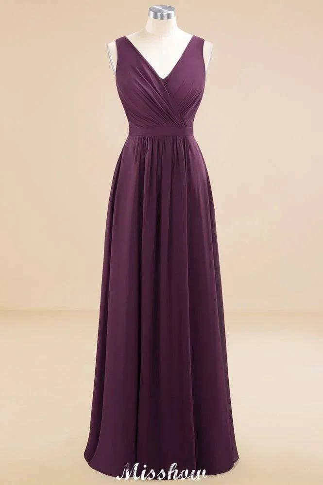Sleeveless A-line Chiffon Bridesmaid Dress Floor-Length V-Neck Party Gown by misshow.com