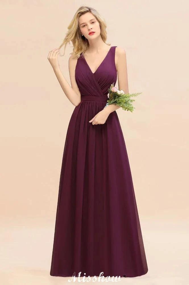 Sleeveless A-line Chiffon Bridesmaid Dress Floor-Length V-Neck Party Gown by misshow.com