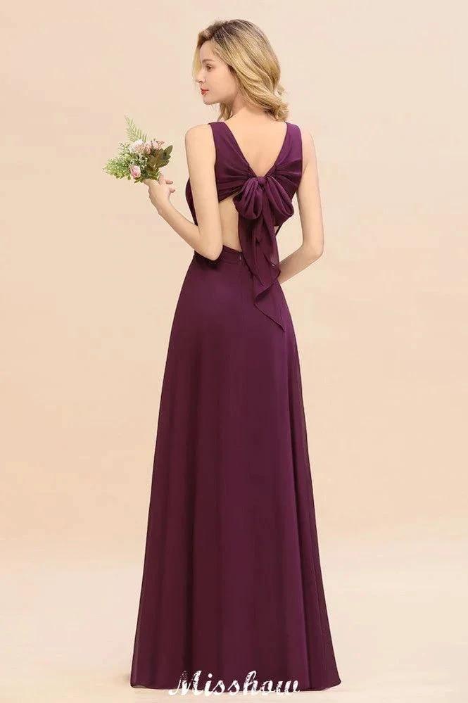 Sleeveless A-line Chiffon Bridesmaid Dress Floor-Length V-Neck Party Gown by misshow.com