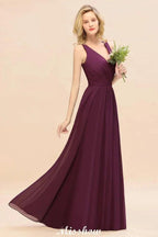 Sleeveless A-line Chiffon Bridesmaid Dress Floor-Length V-Neck Party Gown by misshow.com