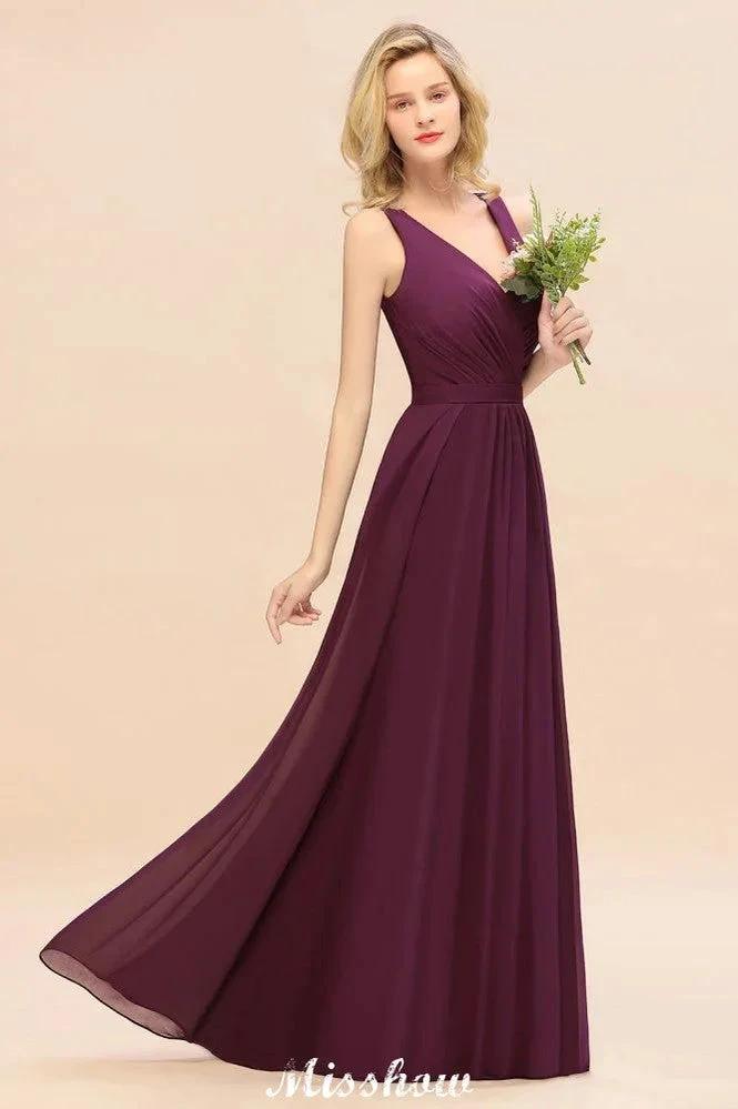 Sleeveless A-line Chiffon Bridesmaid Dress Floor-Length V-Neck Party Gown by misshow.com