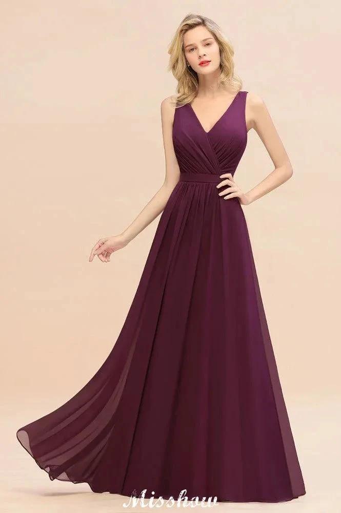 Sleeveless A-line Chiffon Bridesmaid Dress Floor-Length V-Neck Party Gown by misshow.com
