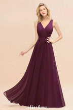 Sleeveless A-line Chiffon Bridesmaid Dress Floor-Length V-Neck Party Gown by misshow.com