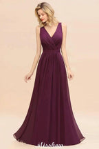 Sleeveless A-line Chiffon Bridesmaid Dress Floor-Length V-Neck Party Gown by misshow.com