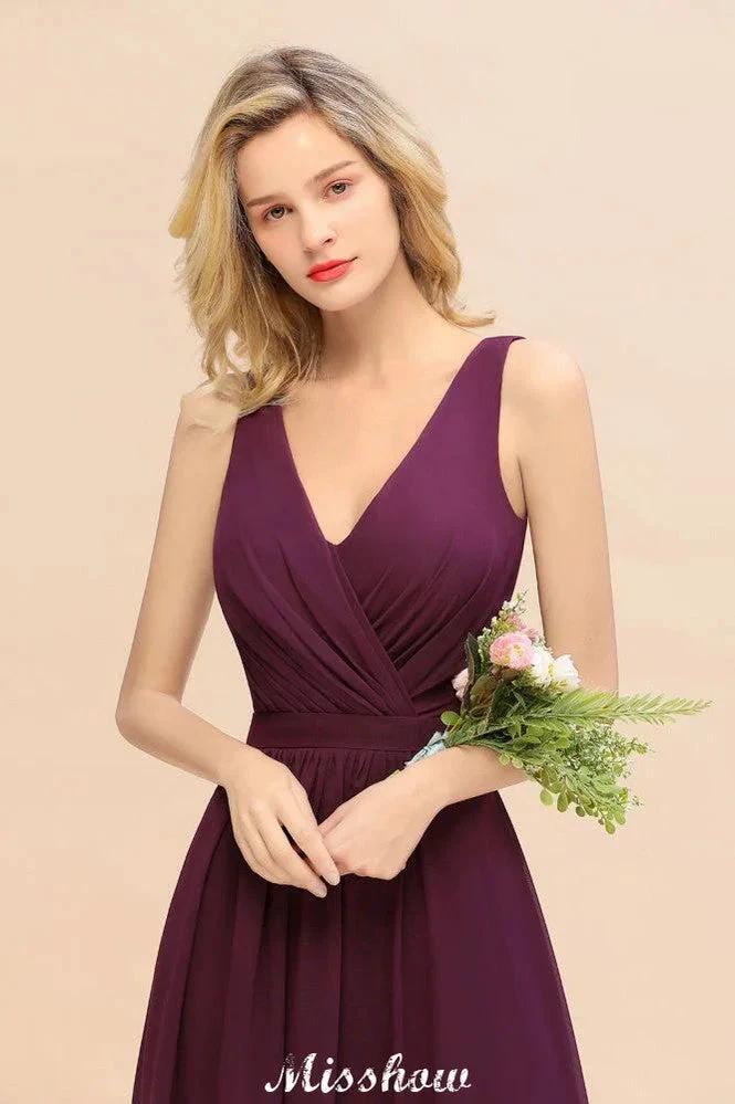 Sleeveless A-line Chiffon Bridesmaid Dress Floor-Length V-Neck Party Gown by misshow.com