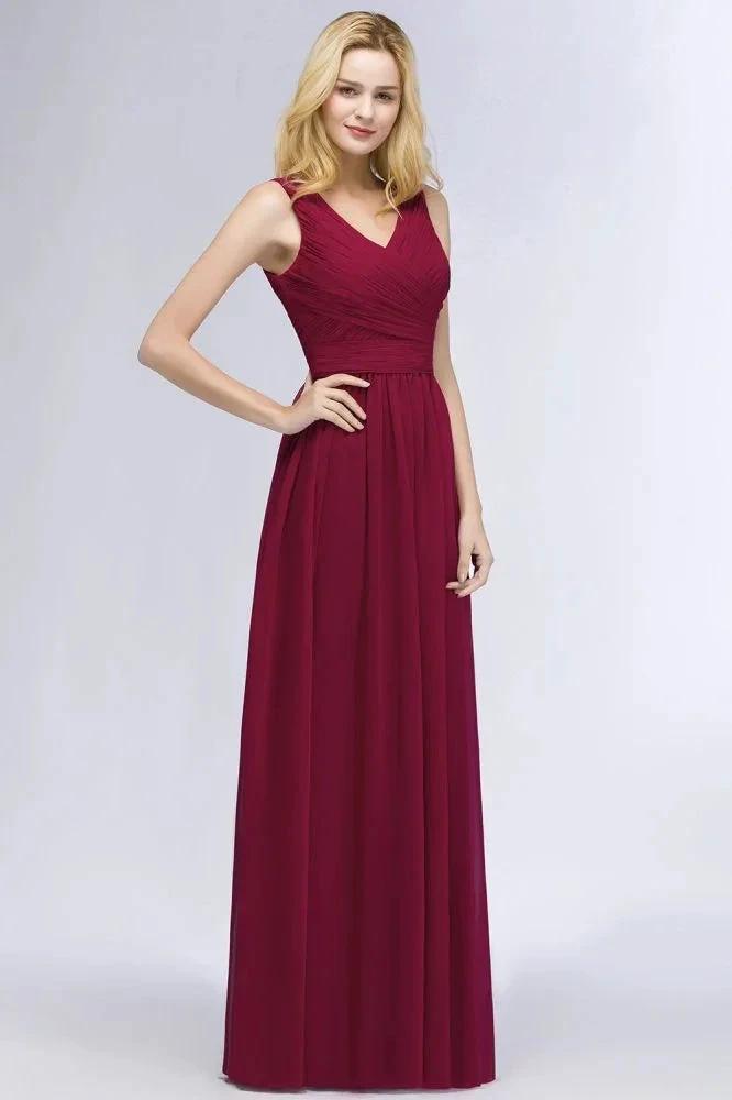 Sleeveless A-line V-neck Ruffled Chiffon Bridesmaid Dresses Floor Length Party Dress by misshow.com