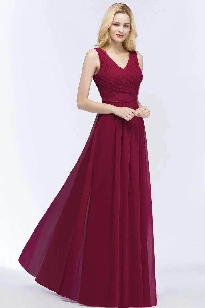 Sleeveless A-line V-neck Ruffled Chiffon Bridesmaid Dresses Floor Length Party Dress by misshow.com