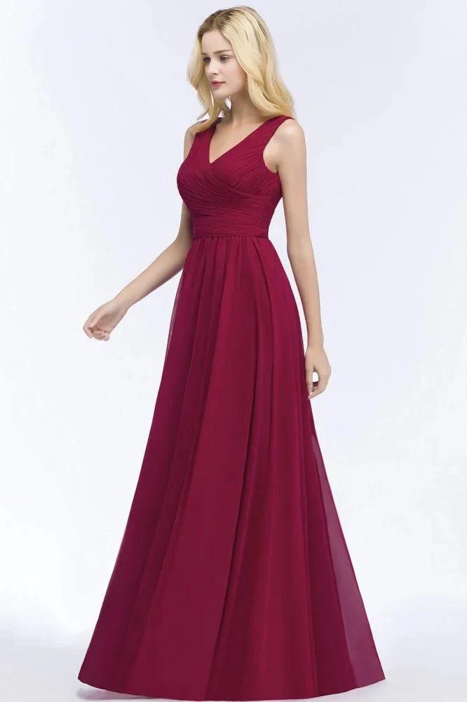 Sleeveless A-line V-neck Ruffled Chiffon Bridesmaid Dresses Floor Length Party Dress by misshow.com