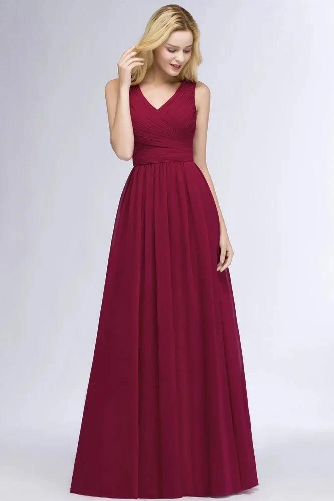 Sleeveless A-line V-neck Ruffled Chiffon Bridesmaid Dresses Floor Length Party Dress by misshow.com
