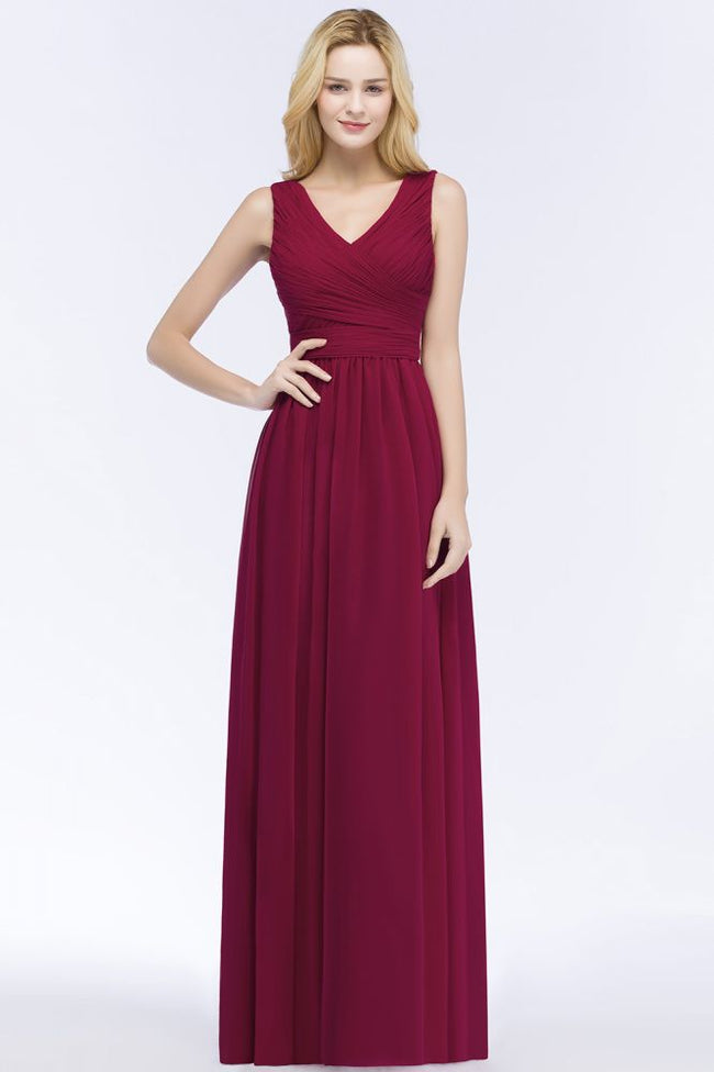 Sleeveless A-line V-neck Ruffled Chiffon Bridesmaid Dresses Floor Length Party Dress Hover Image