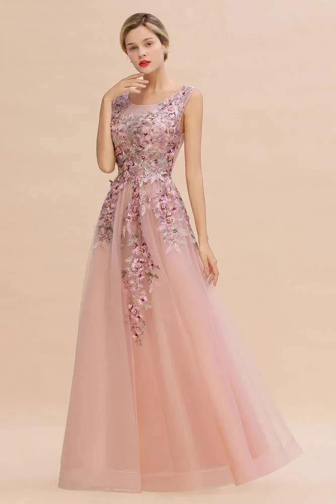 Sleeveless Aline Dusty Pink Long Evening Dress Tulle Lace Appliques Party Dress by misshow.com