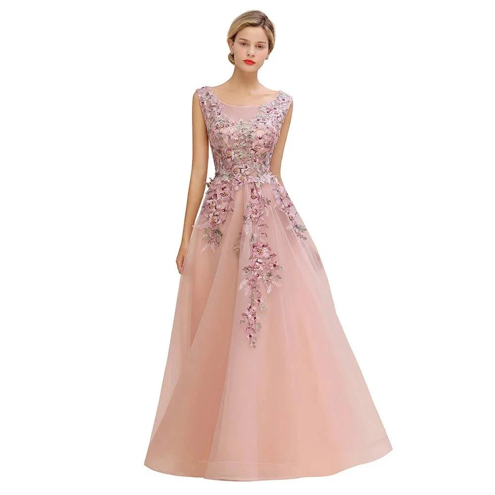 Sleeveless Aline Dusty Pink Long Evening Dress Tulle Lace Appliques Party Dress by misshow.com