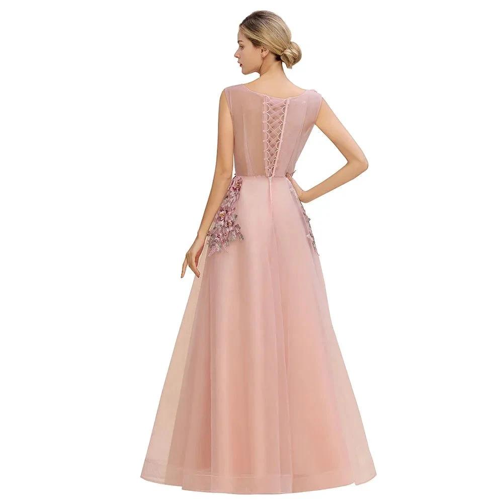 Sleeveless Aline Dusty Pink Long Evening Dress Tulle Lace Appliques Party Dress by misshow.com