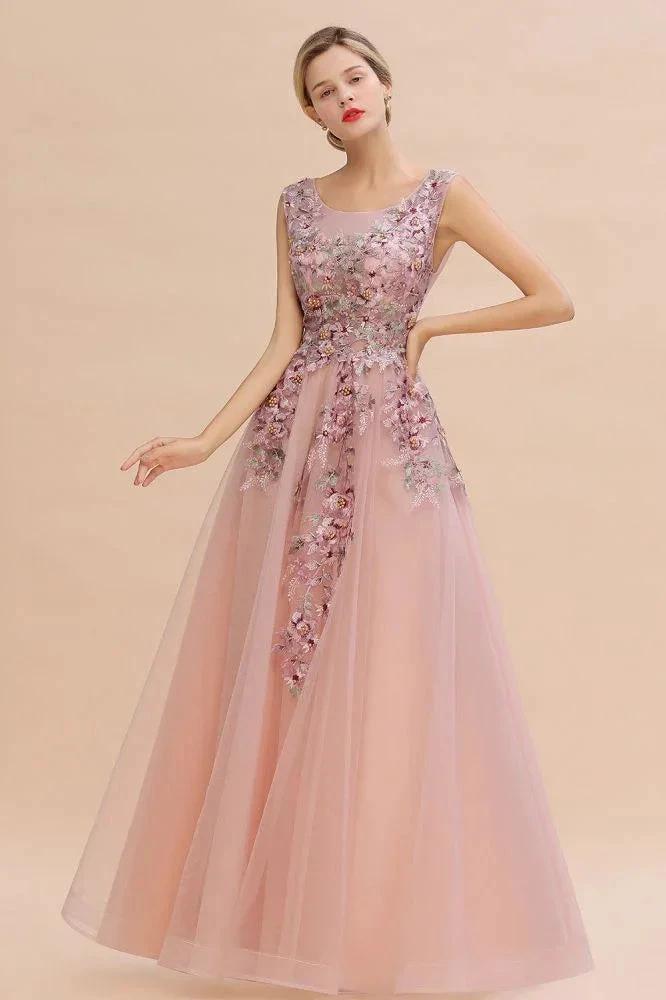 Sleeveless Aline Dusty Pink Long Evening Dress Tulle Lace Appliques Party Dress by misshow.com