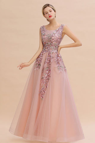 Ärmelloses Aline-Abendkleid in Altrosa mit langen Tüll-Spitzenapplikationen