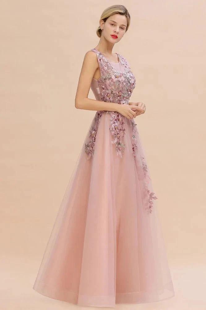 Sleeveless Aline Dusty Pink Long Evening Dress Tulle Lace Appliques Party Dress by misshow.com